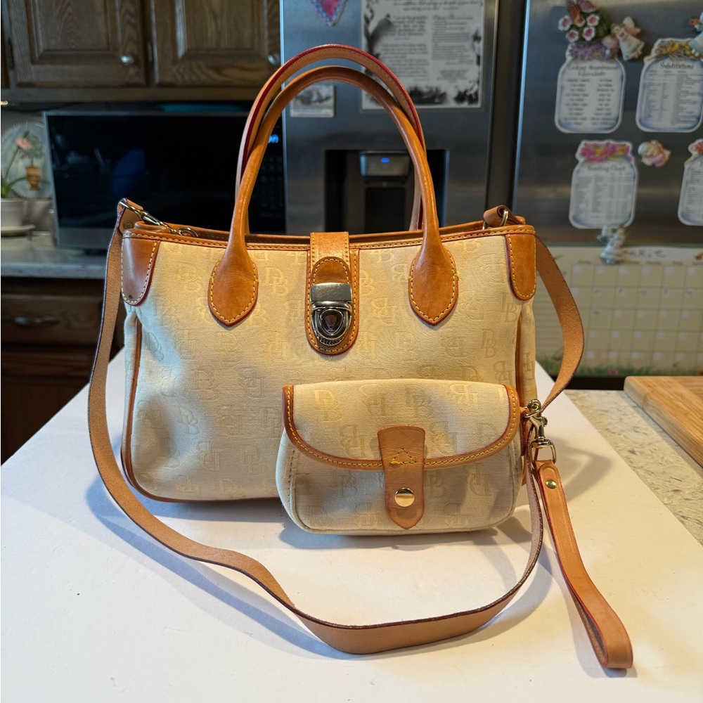 DB Cream Monogram Canvas Leather Tote Shoulderbag, Matching Wristlet